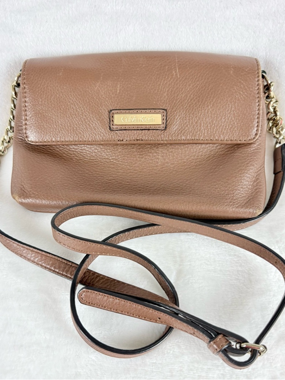 Calvin Klein Brown Vegan Leather Crossbody Bag with Gold Chain